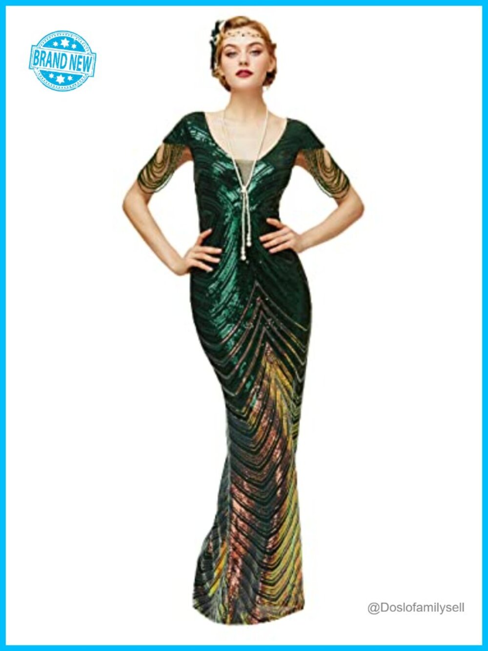 Sequin Bodycon Maxi Prom Gown V Neck Fringe Sleeve Evening Dress